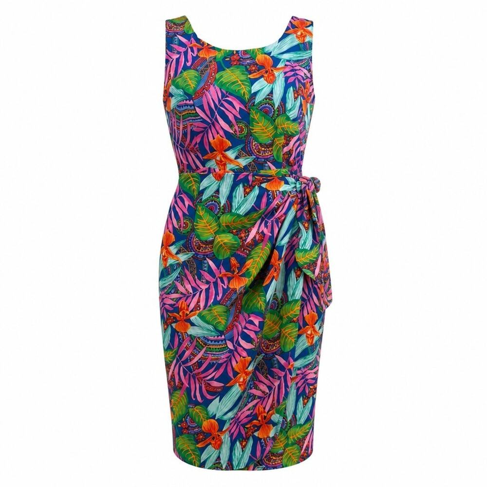 Spencer Jeremy Sz 8 Midi Dress Sarong-Tie Skirt Vivid Tropical Print Silk Vtg 90